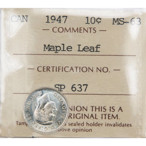 Canada 1947 Maple Leaf 10 Cents Dime Silver Coin - ICCS MS-63