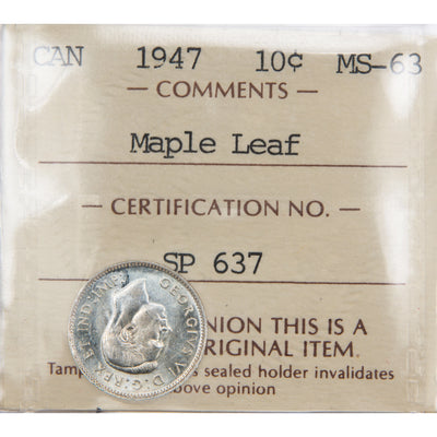 Front of ICCS protective flip holder for a Canada 1947 Maple Leaf 10 Cents silver dime coin (Grade MS-63, SKU: SP 637), displaying the official ICCS certification insert with grade, variety designation, and serial number above the coin.