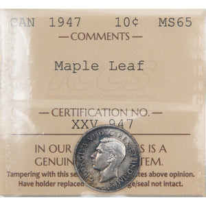 Canada 1947 Maple Leaf 10 Cents Dime Silver Coin - ICCS MS-65