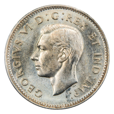 Obverse of a Canada 1947 Maple Leaf 10 Cents silver dime coin (ICCS MS-63, SKU: SP 637), featuring the uncrowned profile portrait of King George VI facing left, surrounded by GEORGIUS VI DEI GRATIA REX ET IND: IMP:.