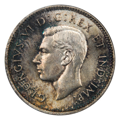 Obverse of a Canada 1947 Maple Leaf 10 Cents silver dime coin (ICCS MS-65, SKU: XXV 947), featuring the uncrowned profile portrait of King George VI facing left, surrounded by GEORGIUS VI DEI GRATIA REX ET IND: IMP:.