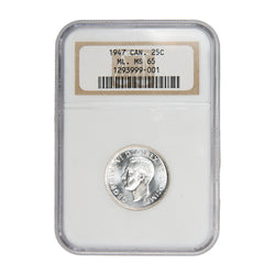 Front of NGC protective slab encapsulation holder for a Canada 1947 Maple Leaf 25 Cents Quarter silver coin (Grade MS-65, SKU: 1293999-001), displaying the official NGC certification label with grade, variety designation, and barcode above the coin.