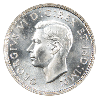 Obverse of a Canada 1947 Maple Leaf 25 Cents Quarter silver coin (NGC MS-65, SKU: 1293999-001), featuring the uncrowned profile portrait of King George VI facing left, surrounded by GEORGIUS VI DEI GRATIA REX ET IND: IMP:.
