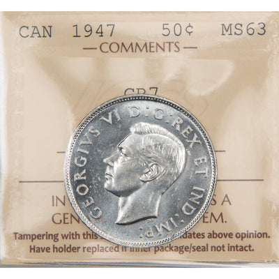 Front of ICCS protective flip holder for a Canada 1947 Straight 7 50 Cents silver half dollar coin (Grade MS-63, SKU: XUJ 059), displaying the official ICCS certification insert with grade, variety designation, and serial number above the coin.