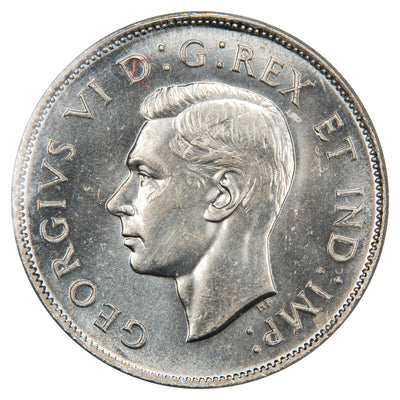 Obverse of a Canada 1947 Straight 7 50 Cents silver half dollar coin (ICCS MS-63, SKU: XUJ 059), featuring the uncrowned profile portrait of King George VI facing left, surrounded by GEORGIUS VI DEI GRATIA REX ET IND: IMP:.