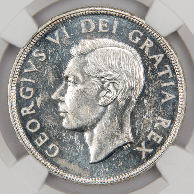 Obverse of a Canada 1948 $1 Silver Dollar key date coin (NGC MS-61, SKU: 8294085-003), featuring the uncrowned profile portrait of King George VI facing left, surrounded by GEORGIUS VI DEI GRATIA REX.