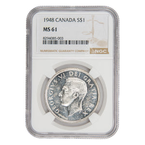 Canada 1948 $1 Silver Dollar Coin Key Date! - NGC MS-61