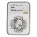 Front of NGC protective slab encapsulation holder for a Canada 1948 $1 Silver Dollar key date coin (Grade MS-61, SKU: 8294085-003), displaying the official NGC certification label with grade, serial number, and barcode above the coin.