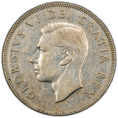 Obverse of a key-date Dominion of Canada 1948 50 Cents silver coin (SKU: SP2870) in Very Fine condition, featuring the bare-headed uncrowned portrait of King George VI facing left, surrounded by the revised legend GEORGIVS VI DEI GRATIA REX.