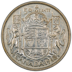 Reverse of a key-date Dominion of Canada 1948 50 Cents silver coin (SKU: SP2870) in Very Fine condition, displaying the iconic Canadian Coat of Arms flanked by the key date 1948, with 50 CENTS above and CANADA below.