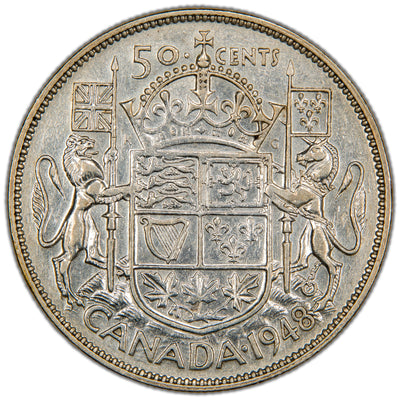 Reverse of a key-date Dominion of Canada 1948 50 Cents silver coin (SKU: SP2870) in Very Fine condition, displaying the iconic Canadian Coat of Arms flanked by the key date 1948, with 50 CENTS above and CANADA below.