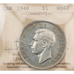 Front of ICCS protective flip holder for a Canada 1948 key date 1 Dollar silver coin (Grade MS-62, SKU: XXV 929), displaying the official ICCS certification insert with grade and serial number above the coin.
