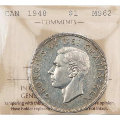 Front of ICCS protective flip holder for a Canada 1948 key date 1 Dollar silver coin (Grade MS-62, SKU: XXV 929), displaying the official ICCS certification insert with grade and serial number above the coin.