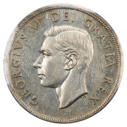 Obverse of a Canada 1948 key date 1 Dollar silver coin (ICCS MS-62, SKU: XXV 929), featuring the uncrowned profile portrait of King George VI facing left, surrounded by GEORGIUS VI DEI GRATIA REX.