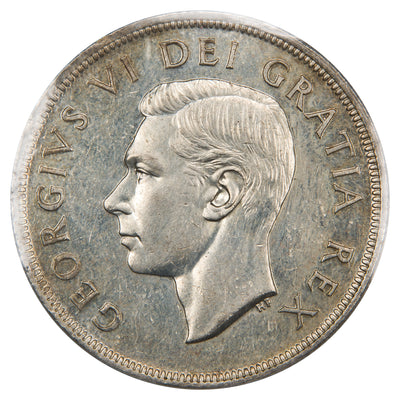 Obverse of a Canada 1948 key date 1 Dollar silver coin (ICCS MS-62, SKU: XXV 929), featuring the uncrowned profile portrait of King George VI facing left, surrounded by GEORGIUS VI DEI GRATIA REX.