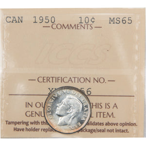 Canada 1950 10 Cents Dime Silver Coin - ICCS MS-65