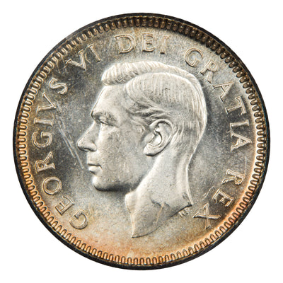 Obverse of a Canada 1950 10 Cents silver dime coin (ICCS MS-65, SKU: XNY 556), featuring the uncrowned profile portrait of King George VI facing left, surrounded by GEORGIUS VI D: G: BRITT: OMN: REX FID: DEF:.