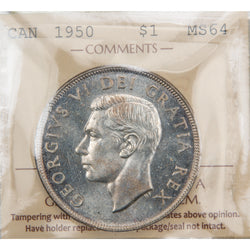 Front of ICCS protective slab encapsulation holder for a Canada 1950 Short Water Lines $1 Silver Dollar coin (Grade MS-64, SKU: XXV 907), displaying the official ICCS yellow certification insert label with grade, variety designation, and serial number above the coin.