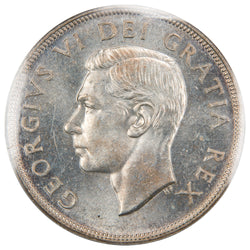 Obverse of a Canada 1950 Short Water Lines $1 Silver Dollar coin (ICCS MS-64, SKU: XXV 907), featuring the uncrowned profile portrait of King George VI facing left, surrounded by GEORGIUS VI DEI GRATIA REX.