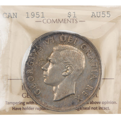 Front of ICCS protective flip holder for a Canada 1951 Arnprior 1 Dollar silver coin (Grade About Uncirculated-55, SKU: XYH 040), displaying the official ICCS certification insert with grade, variety designation, and serial number above the coin.