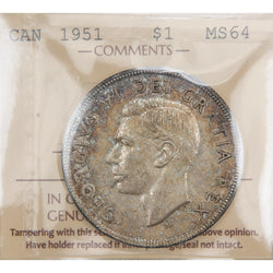 Front of ICCS protective slab encapsulation holder for a Canada 1951 Short Water Lines $1 Silver Dollar coin (Grade MS-64, SKU: XZV 734), displaying the official ICCS yellow certification insert label with grade, variety designation, and serial number above the coin.