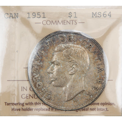 Front of ICCS protective slab encapsulation holder for a Canada 1951 Short Water Lines $1 Silver Dollar coin (Grade MS-64, SKU: XZV 734), displaying the official ICCS yellow certification insert label with grade, variety designation, and serial number above the coin.