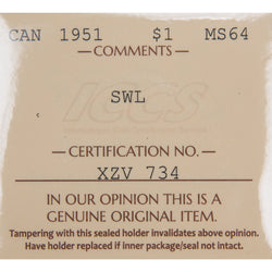 Obverse of a Canada 1951 Short Water Lines $1 Silver Dollar coin (ICCS MS-64, SKU: XZV 734), featuring the uncrowned profile portrait of King George VI facing left, surrounded by GEORGIUS VI DEI GRATIA REX.