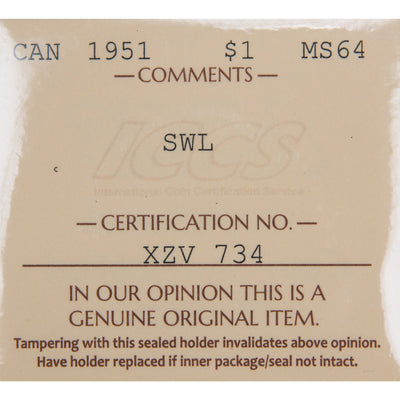 Obverse of a Canada 1951 Short Water Lines $1 Silver Dollar coin (ICCS MS-64, SKU: XZV 734), featuring the uncrowned profile portrait of King George VI facing left, surrounded by GEORGIUS VI DEI GRATIA REX.