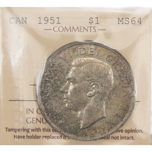 Canada 1951 $1 SWL Silver Dollar Coin - ICCS MS-64