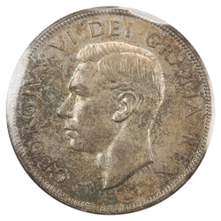 Obverse of a Canada 1951 Short Water Lines (SWL) Proof-Like 1 Dollar silver coin (ICCS MS-64 PL, SKU: XXV 953), featuring the uncrowned profile portrait of King George VI facing left, surrounded by GEORGIUS VI DEI GRATIA REX.