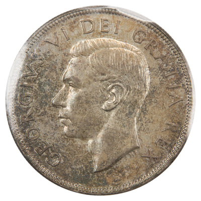 Obverse of a Canada 1951 Short Water Lines (SWL) Proof-Like 1 Dollar silver coin (ICCS MS-64 PL, SKU: XXV 953), featuring the uncrowned profile portrait of King George VI facing left, surrounded by GEORGIUS VI DEI GRATIA REX.