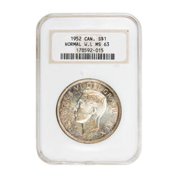 Front of NGC protective slab encapsulation holder for a Canada 1952 Double HP $1 Silver Dollar coin (Grade MS-63, SKU: 178592-015), displaying the official NGC certification label with grade, variety designation, and barcode above the coin.