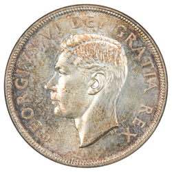 Obverse of a Canada 1952 Double HP $1 Silver Dollar coin (NGC MS-63, SKU: 178592-015), featuring the uncrowned profile portrait of King George VI facing left, surrounded by GEORGIUS VI DEI GRATIA REX.