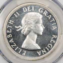 Obverse of a Canada 1953 Shoulder Fold $1 Silver Dollar Proof Like coin (PCGS PL-65, SKU: 49647477), featuring the laureate portrait of Queen Elizabeth II facing right with visible shoulder fold variety details, surrounded by ELIZABETH II DEI GRATIA REGINA.