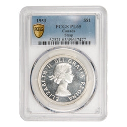 Front of PCGS protective slab encapsulation holder for a Canada 1953 Shoulder Fold $1 Silver Dollar Proof Like coin (Grade PL-65, SKU: 49647477), displaying the official PCGS label with grade, variety designation, serial number, and barcode above the coin.