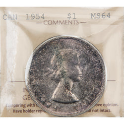 Front of ICCS protective slab encapsulation holder for a Canada 1954 $1 Silver Dollar coin (Grade MS-64, SKU: XZV 738), displaying the official ICCS yellow certification insert label with grade, serial number, and certification details above the coin.