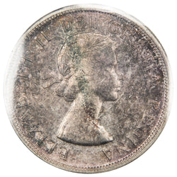 Obverse of a Canada 1954 $1 Silver Dollar coin (ICCS MS-64, SKU: XZV 738), featuring the laureate portrait of Queen Elizabeth II facing right, surrounded by ELIZABETH II DEI GRATIA REGINA.