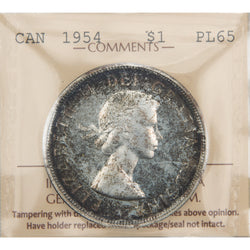 Front of ICCS protective flip holder for a Canada 1954 1 Dollar silver coin (Grade Proof-Like 65, SKU: XYH 078), displaying the official ICCS certification insert with grade and serial number above the coin.