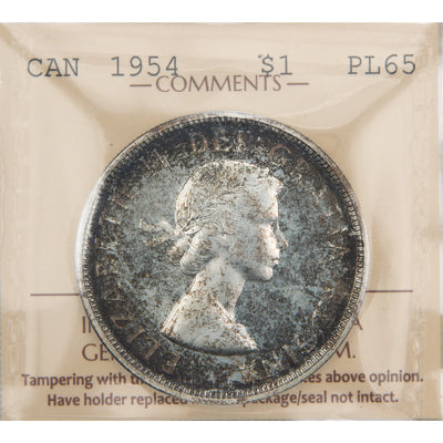 Front of ICCS protective flip holder for a Canada 1954 1 Dollar silver coin (Grade Proof-Like 65, SKU: XYH 078), displaying the official ICCS certification insert with grade and serial number above the coin.