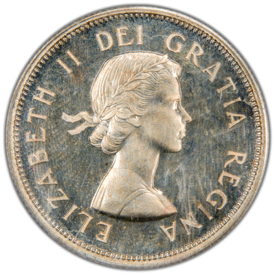 Close-up view of Queen Elizabeth II young laureate portrait on Canada 1954 25 Cents quarter silver coin, PCGS certification 9470488 showing Proof-Like mirrors.