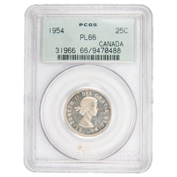 Canada 1954 25 Cents quarter silver Proof-Like coin graded PCGS PL-66, certificate number 9470488, full obverse view in slab showing Queen Elizabeth II profile.