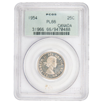 Canada 1954 25 Cents quarter silver Proof-Like coin graded PCGS PL-66, certificate number 9470488, full obverse view in slab showing Queen Elizabeth II profile.