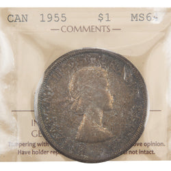 Front of ICCS protective flip holder for a Canada 1955 1 Dollar silver coin (Grade MS-64, SKU: XYH 044), displaying the official ICCS certification insert with grade and serial number above the coin