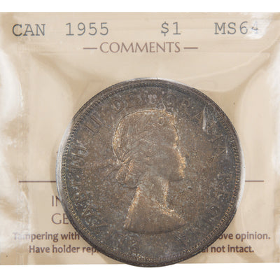 Front of ICCS protective flip holder for a Canada 1955 1 Dollar silver coin (Grade MS-64, SKU: XYH 044), displaying the official ICCS certification insert with grade and serial number above the coin