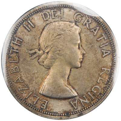 Obverse of a Canada 1955 Arnprior w/Die Break $1 Silver Dollar coin (ICCS MS-64, SKU: XXV 958), featuring the laureate profile portrait of Queen Elizabeth II facing right, surrounded by ELIZABETH II DEI GRATIA REGINA.