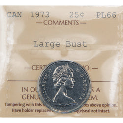 Front of ICCS protective slab encapsulation holder for a Canada 1973 Large Bust 25 Cents Quarter Proof Like coin (Grade PL-66, SKU: XSV 760), displaying the official ICCS yellow certification insert label with grade, variety designation, and serial number above the coin.