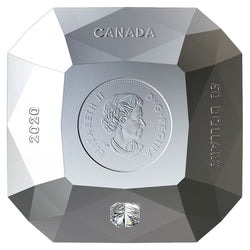 Three-dimensional diamond-shaped 2020 Canada 50-dollar fine silver coin featuring a matte proof finish.