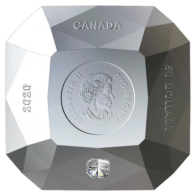 Three-dimensional diamond-shaped 2020 Canada 50-dollar fine silver coin featuring a matte proof finish.