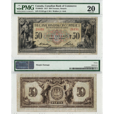 Front and back view of a 1917 Canadian Bank of Commerce 50 dollar chartered banknote, graded PMG VF-20, shown together inside its protective grading holder.