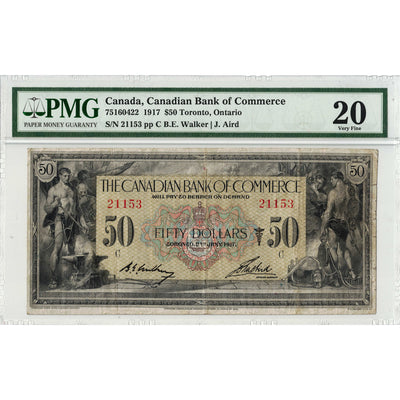 Front face view of a rare 1917 Canadian Bank of Commerce 50 dollar chartered banknote, highlighting the allegorical vignette designs and PMG VF-20 grade label.